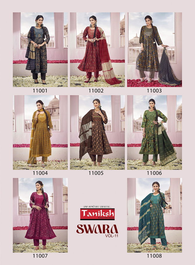 Swara Vol 11 By Taniksh Rayon Printed Embroidery Kurti With Bottom Dupatta Wholesale Price In Surat